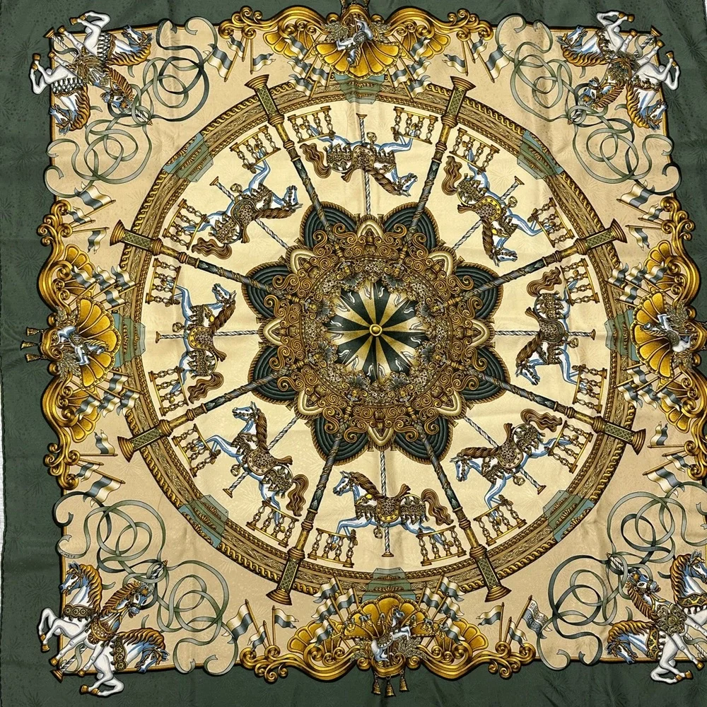 Hermes Silk Reversible Opera Scarf LUNA PARK Carrousel Print; 70.5x11.5" - Picture 9 of 13